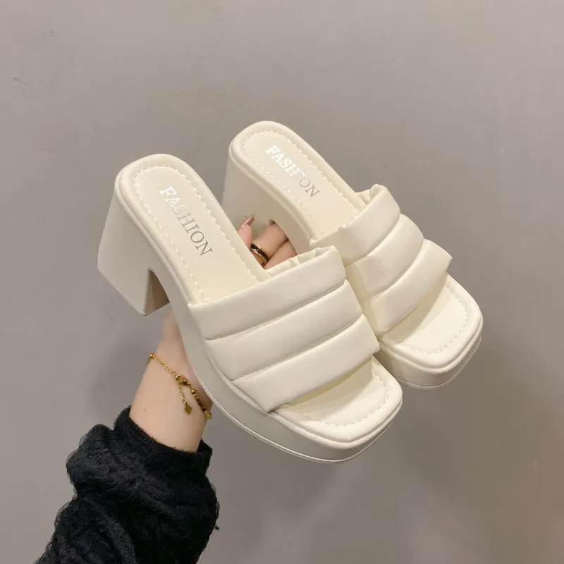 Dép cao gót, thời trang, mũi vuông, gót vuông, dép đế xuồng mùa hè dành cho nữ（+1 cỡ）