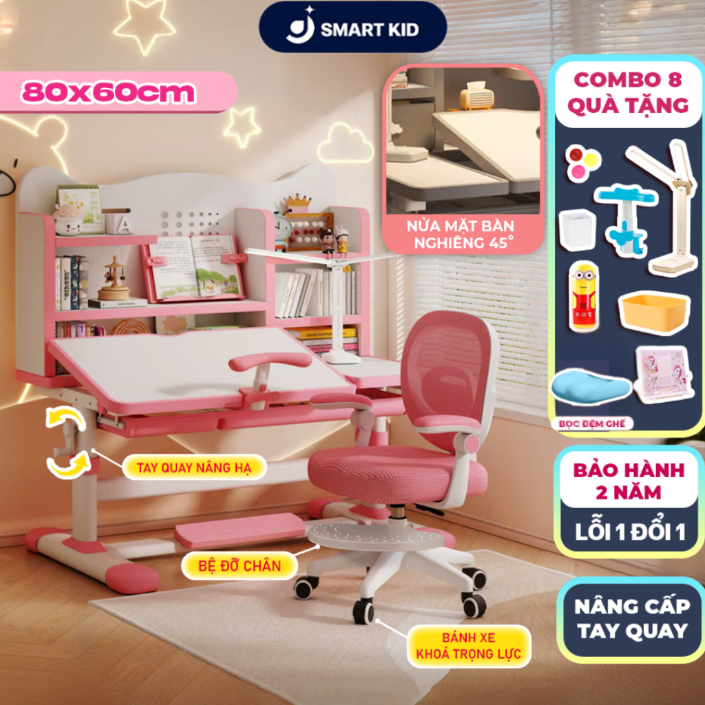 Bộ Bàn học thông minh H75 PLUS nâng hạ tay quay, ghế xoay 360 độ, mặt bàn nghiêng 60 size lớn 80cm độ kèm quà
