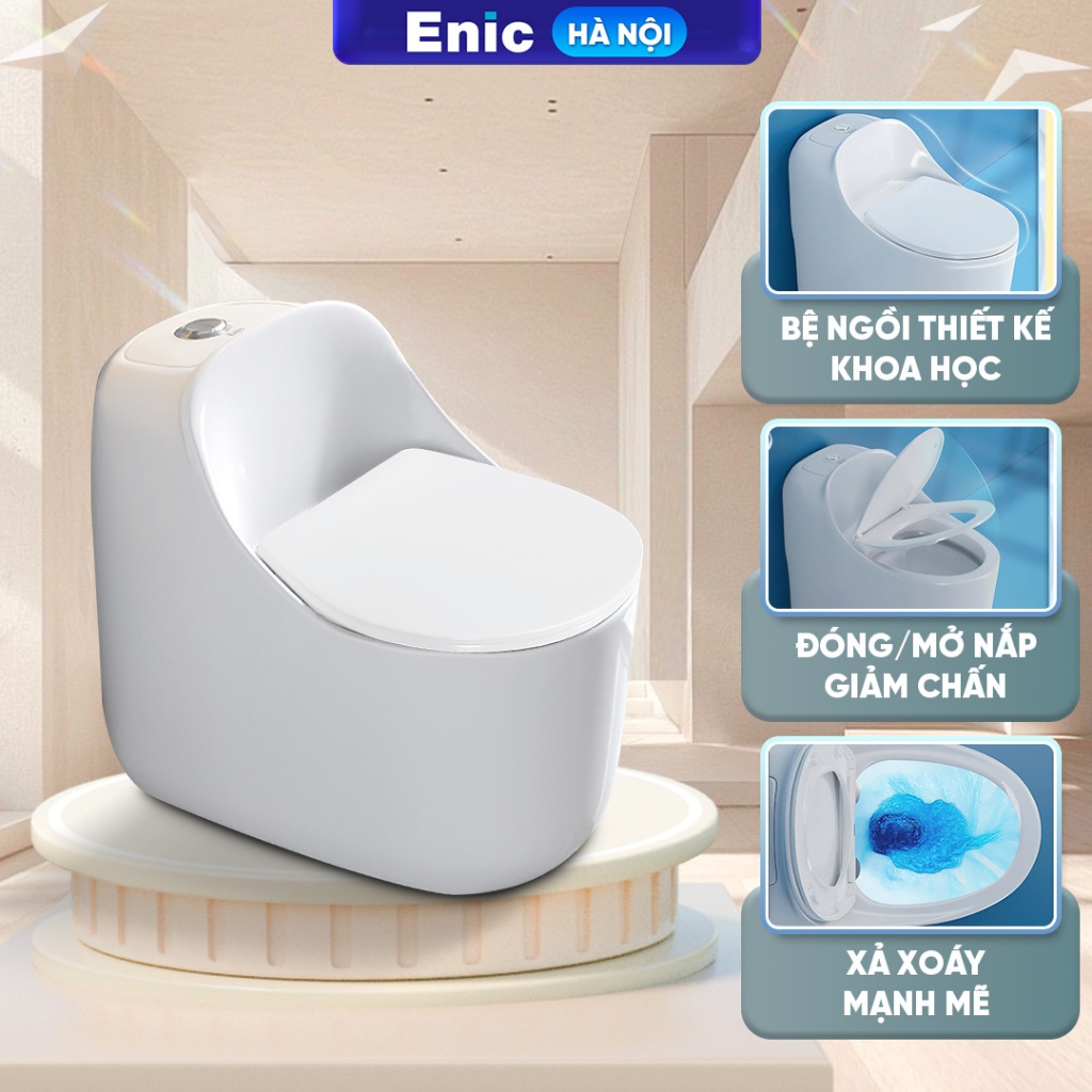 Bồn cầu trứng Enic E33 trắng, thiết kế nguyên khối chắc chắn, chất liệu men chống bám bẩn