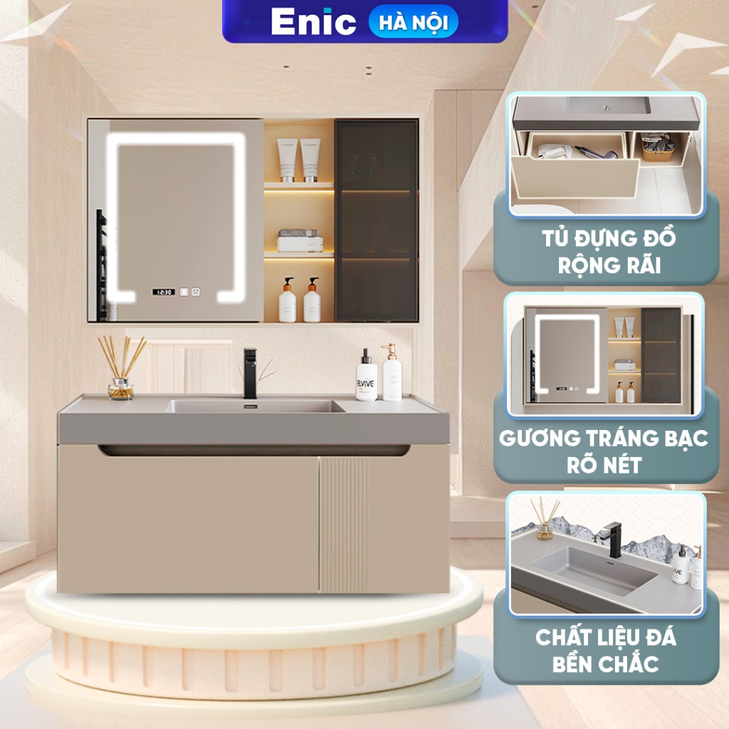 Bộ tủ phòng tắm cao cấp Enic T09 - Đèn led ẩn dưới tủ, chất liệu gỗ chống thấm, bản lề giảm chấn(GIÁ