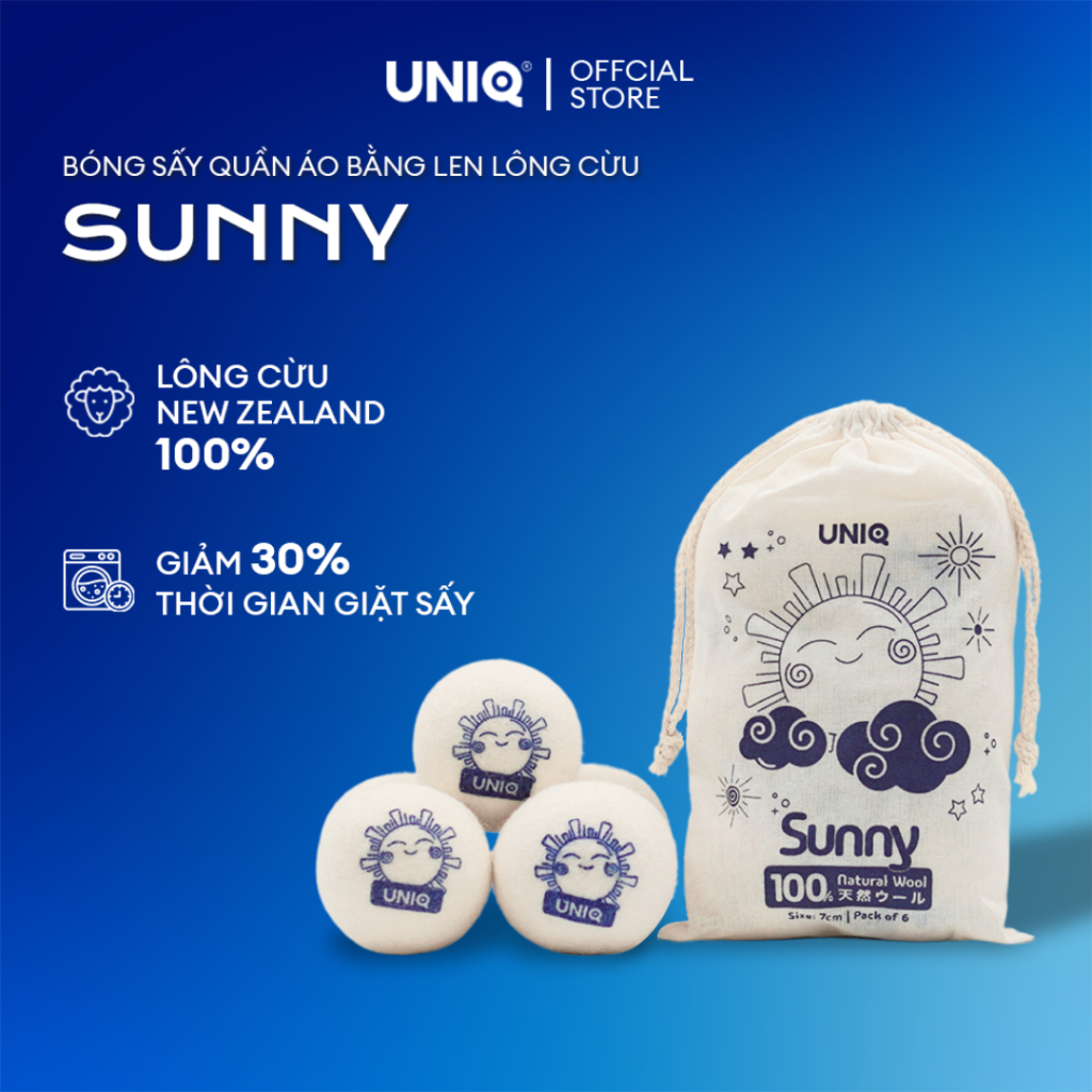 Bóng sấy quần áo len lông cừu UNIQ Sunny banh giúp khô nhanh tiết kiệm điện chống nhăn thơm quần áo cho máy sấy giặt