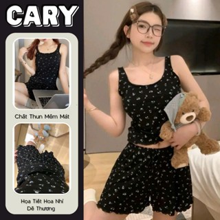  Bộ ngủ nữ set pijama mặc nhà 2 màu đen trắng bộ đồ ngủ nữ áo 2 dây quần đùi có túi họa tiết hoa nhí bigsize CARY 