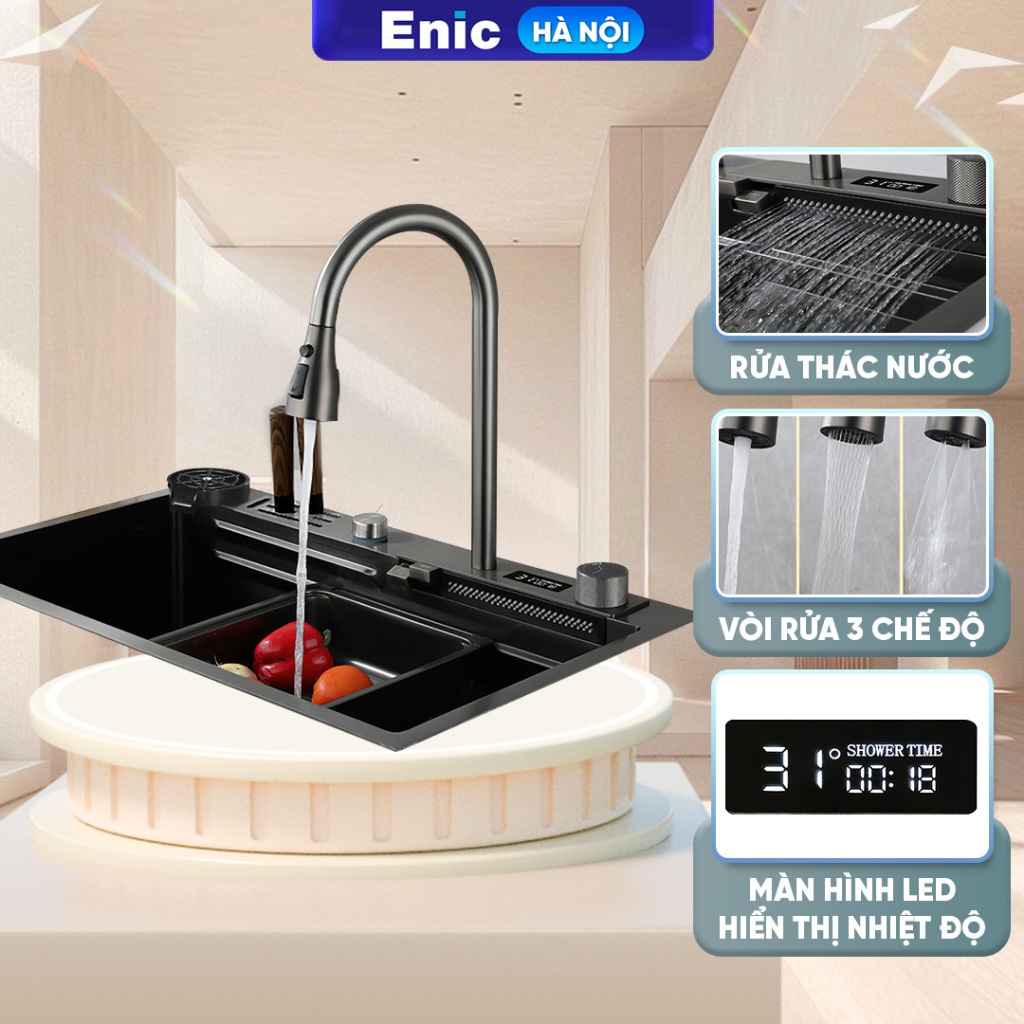 Bồn rửa chén thông minh Enic K2/phím âm K2, inox 1 ngăn lớn, vòi phun thác nước hiện đại, màn hình L