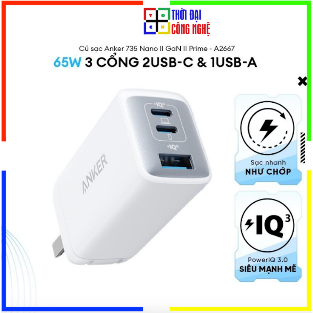 Củ sạc Anker PowerPort III A2667 2C1A 65W , 3 cổng 2C1A, hỗ trợ sạc PD/IQ 3.0. Bảo hành 18 tháng, 1 