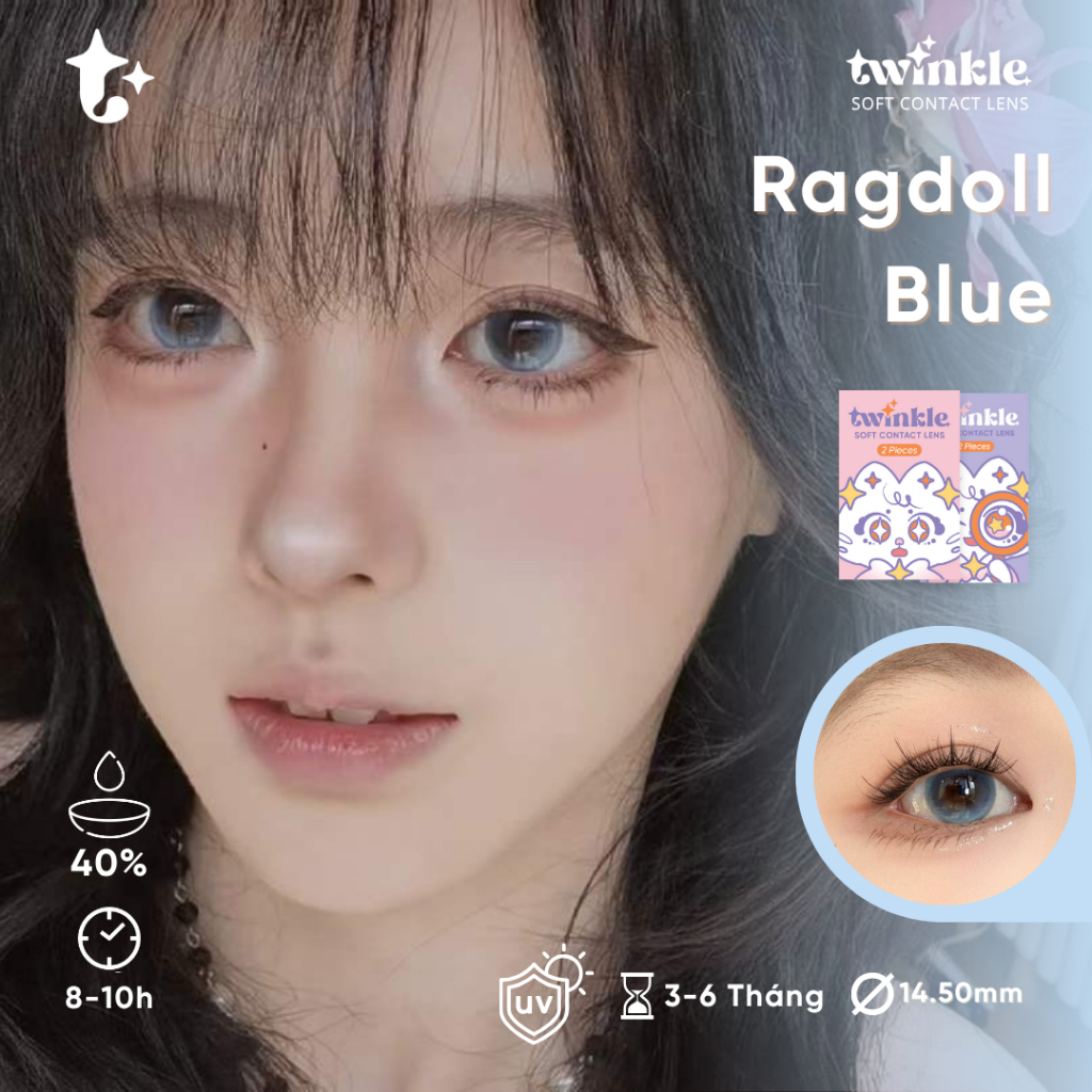 (Dia 14.5)Kính áp tròng Ragdoll Blue hiệu ứng phủ bóng 2 chiều lens twinkle