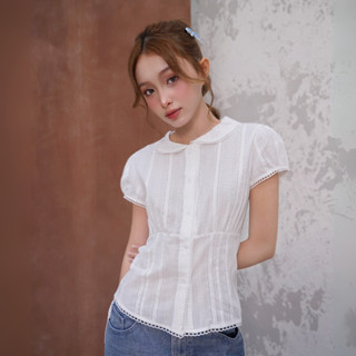 Áo sơ mi tay ngắn Jenni Miều Est.2013 viền ren dễ thương nữ tính cột nơ sau dễ phối đồ