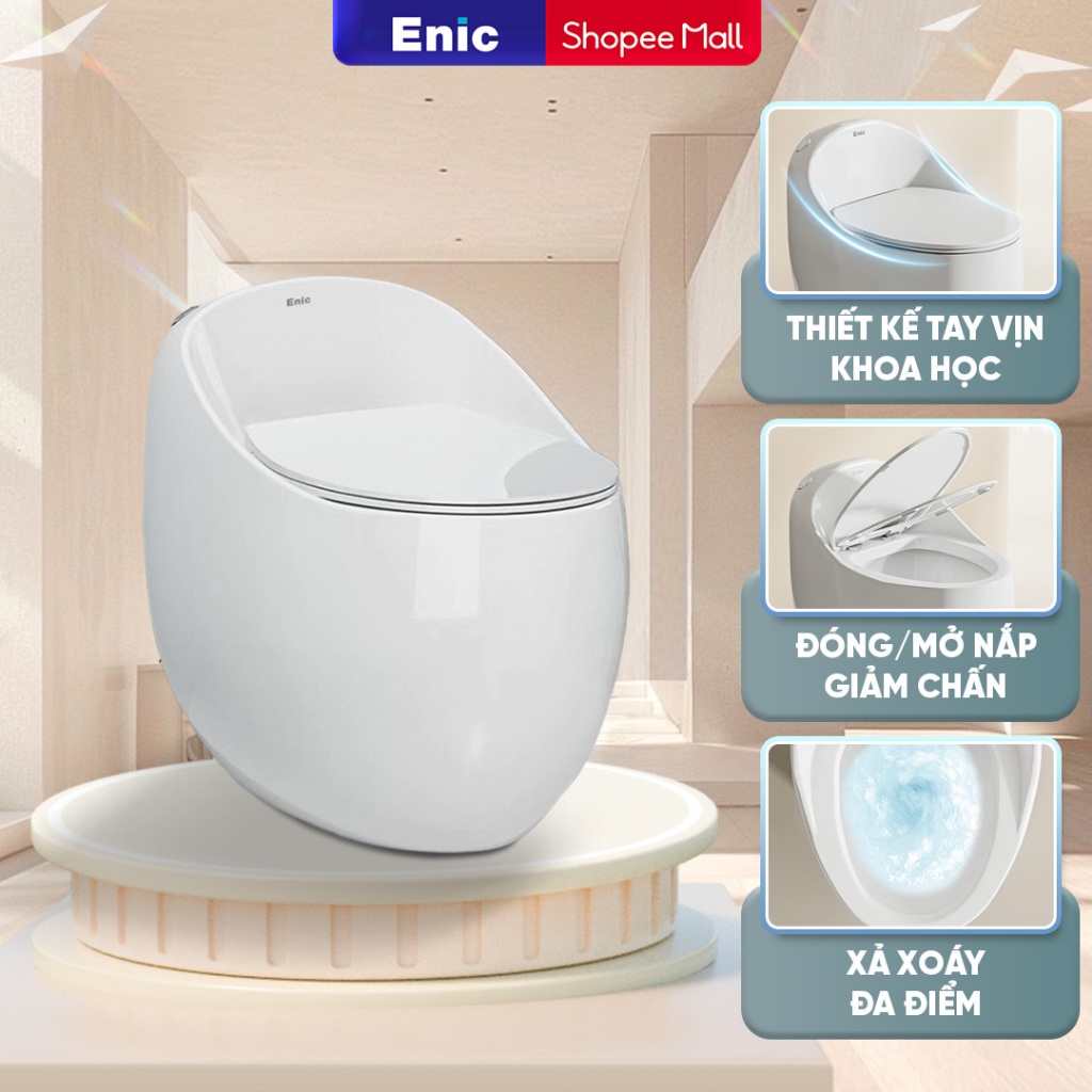 Bồn cầu trứng Enic E -kết cấu nguyên khối bền chắc, chất liệu gốm tráng men chống ố vàng, hệ thốngxả mạnh