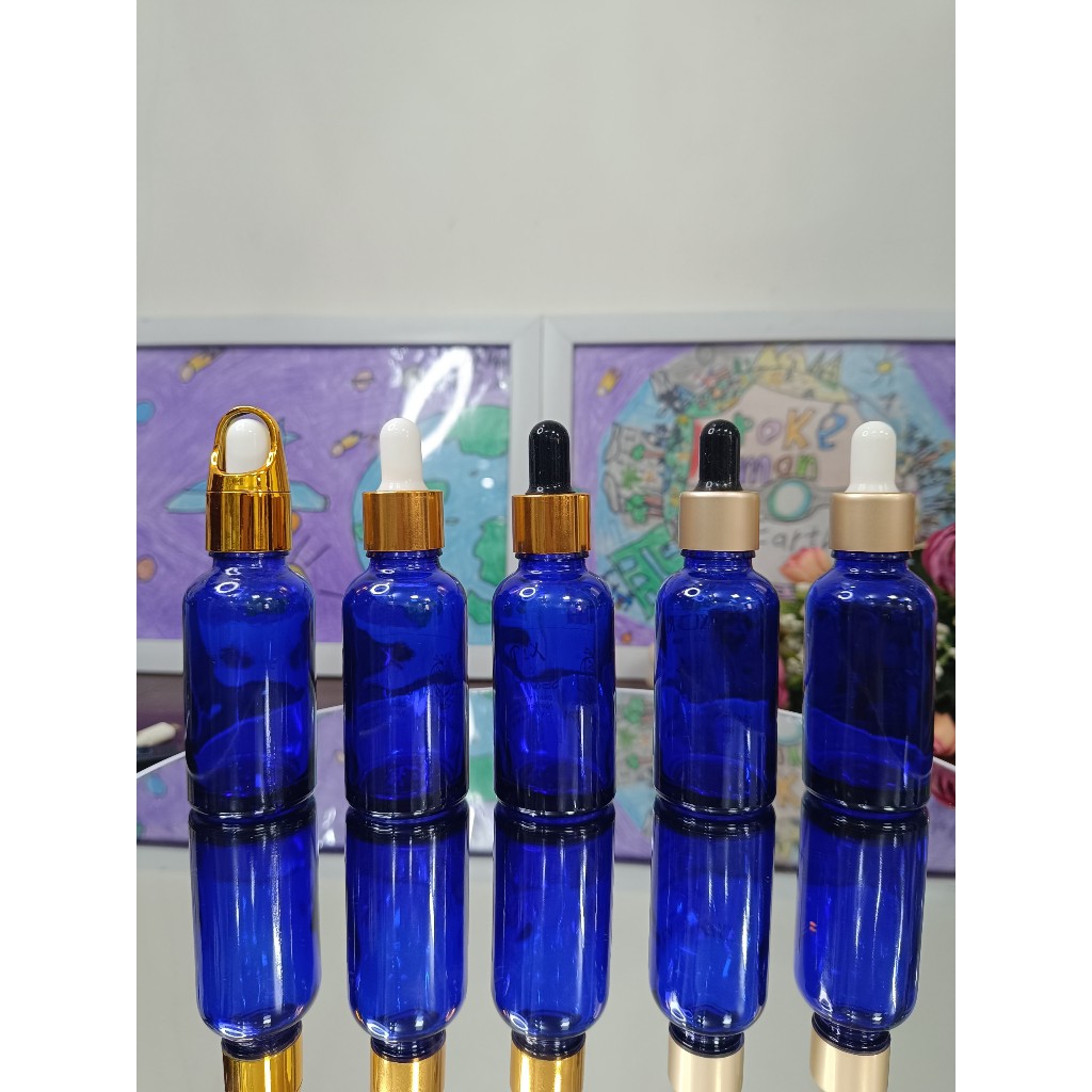 (COMBO 3 CHAI) VỎ CHAI THỦY TINH XANH DƯƠNG 30ml bóp vàng dán tem LUXURY 3IN1