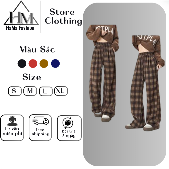 Quần nữ kẻ karo ống rộng chất dạ dày dặn, Quần caro vải dạ dày dặn cạp chun co giãn thỏa mái | BigBuy360 - bigbuy360.vn