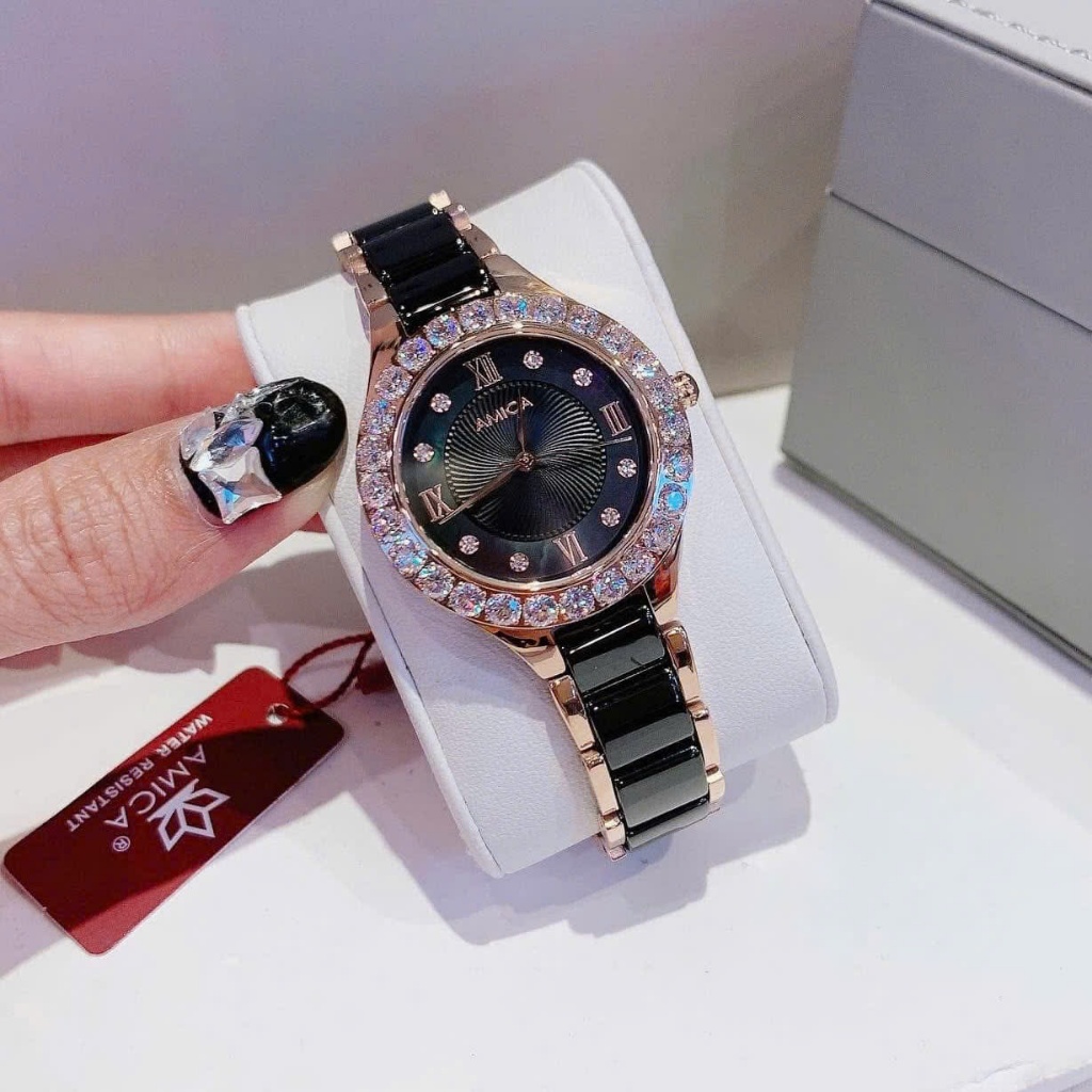 Đồng hồ nữ dây Ceramic Amica Quartz A062 Rose Black Dial 32mm