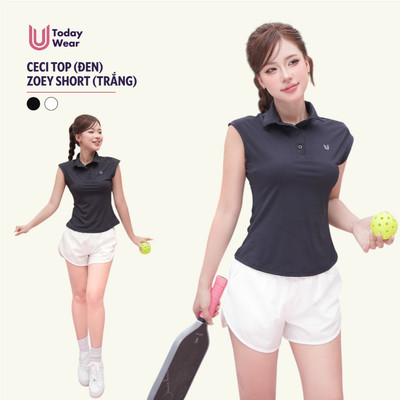 Set bộ đồ thể thao nữ áo phông Ceci Top đen mix quần Zoey Short trắng Today U Wear tennis pickleball