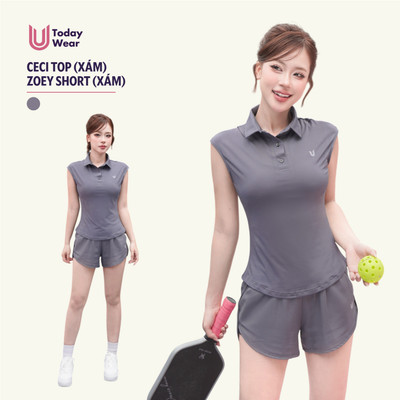 Set bộ đồ thể thao nữ áo polo Ceci Top xám mix quần Zoey Short xám Today U Wear cầu lông chạy bộ tennis pickleball