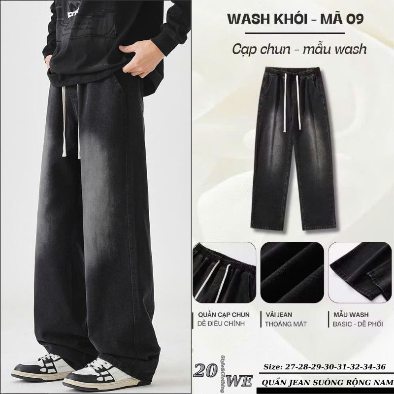 Quần jean nam Đen Wash CẠP CHUN ống rộng QC01 Dáng Baggy Suông màu Xám Chun Đen Smoke V1 Chỉnh Eo chất jean Demin - 20WE