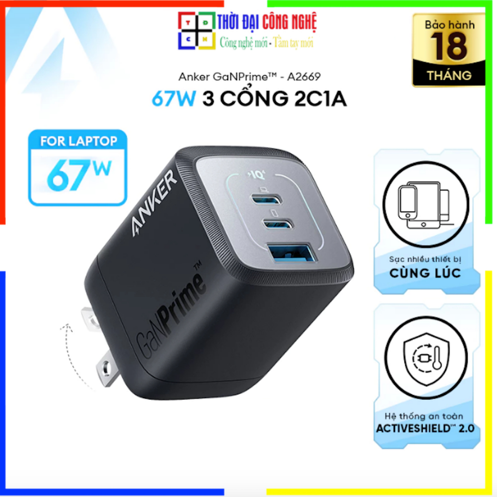 Củ sạc nhanh Anker Prime 67W A2669 (3 cổng 2C1A, GaN) - IQ 4.0 PPS 2.0 - Bảo hành 18 tháng, 1 đổi 1 