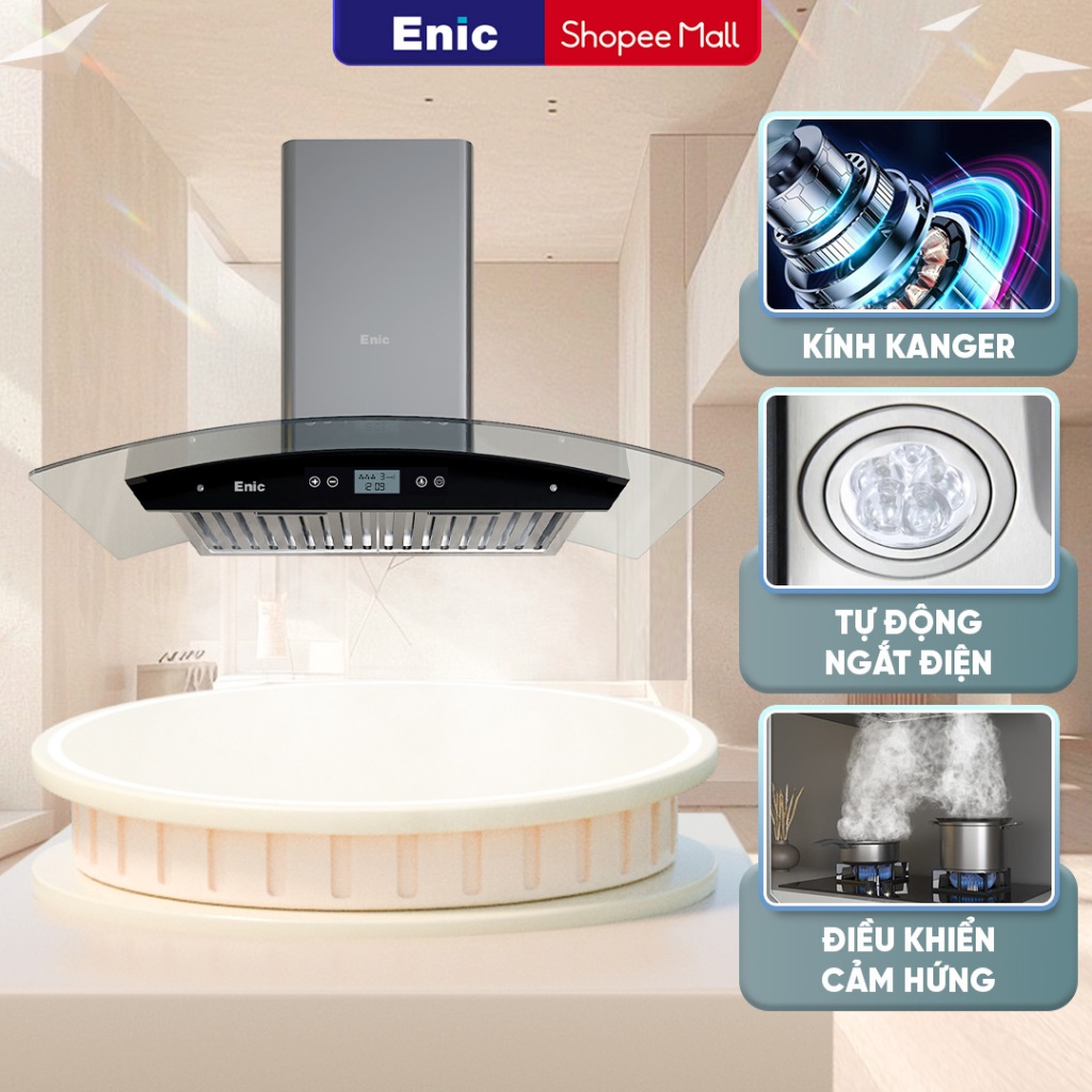 Máy hút mùi áp tường kính vát Enic, công suất lớn,điều khiển thông minh