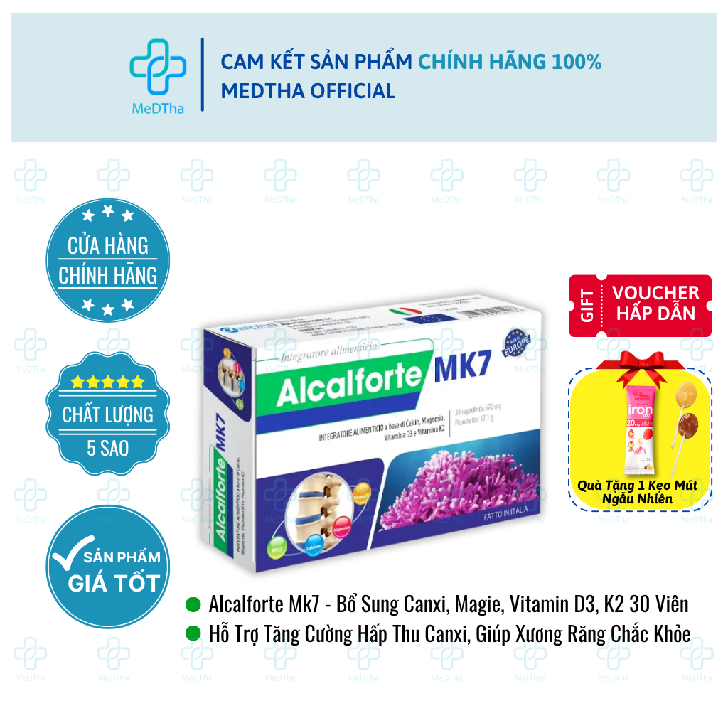 Alcalforte Mk7 - Bổ Sung Canxi Tảo Đỏ, Magie, Vitamin D3K2, Hỗ Trợ Tăng Cường Hấp Thu Canxi 30 Viên