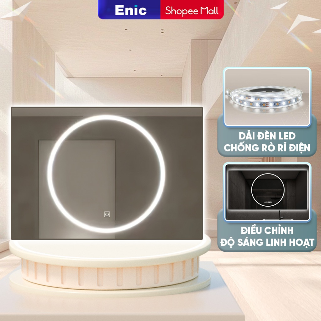 Gương chữ nhật LED tròn Enic, chống thấm chống rò rỉ điện.