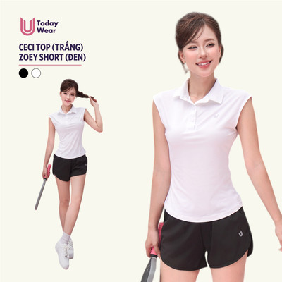 Set bộ đồ thể thao nữ áo phông Ceci Top trắng mix quần Zoey Short đen Today U Wear tennis pickleball