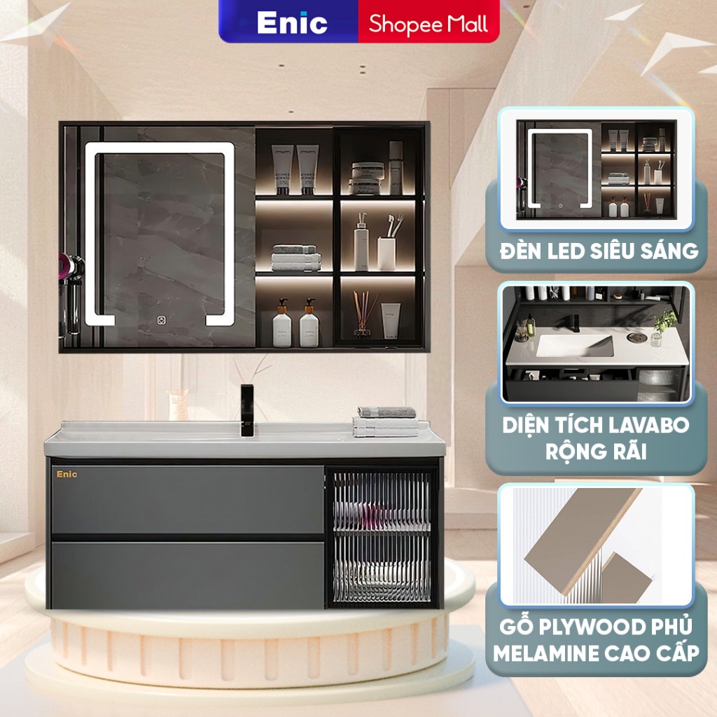 Bộ tủ lavabo và tủ gương phòng tắm Enic G32 -  đèn LED điều chỉnh độ sáng, bồn rửa gốm sứ chống trầy
