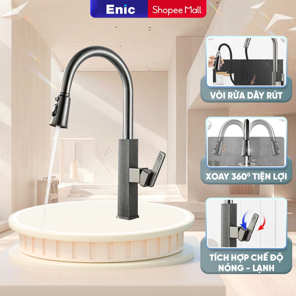 Cụm vòi bồn rửa chén Enic P, điều chỉnh nước nóng lạnh,vòi dây rút 3 chế độ, chất liệu inox