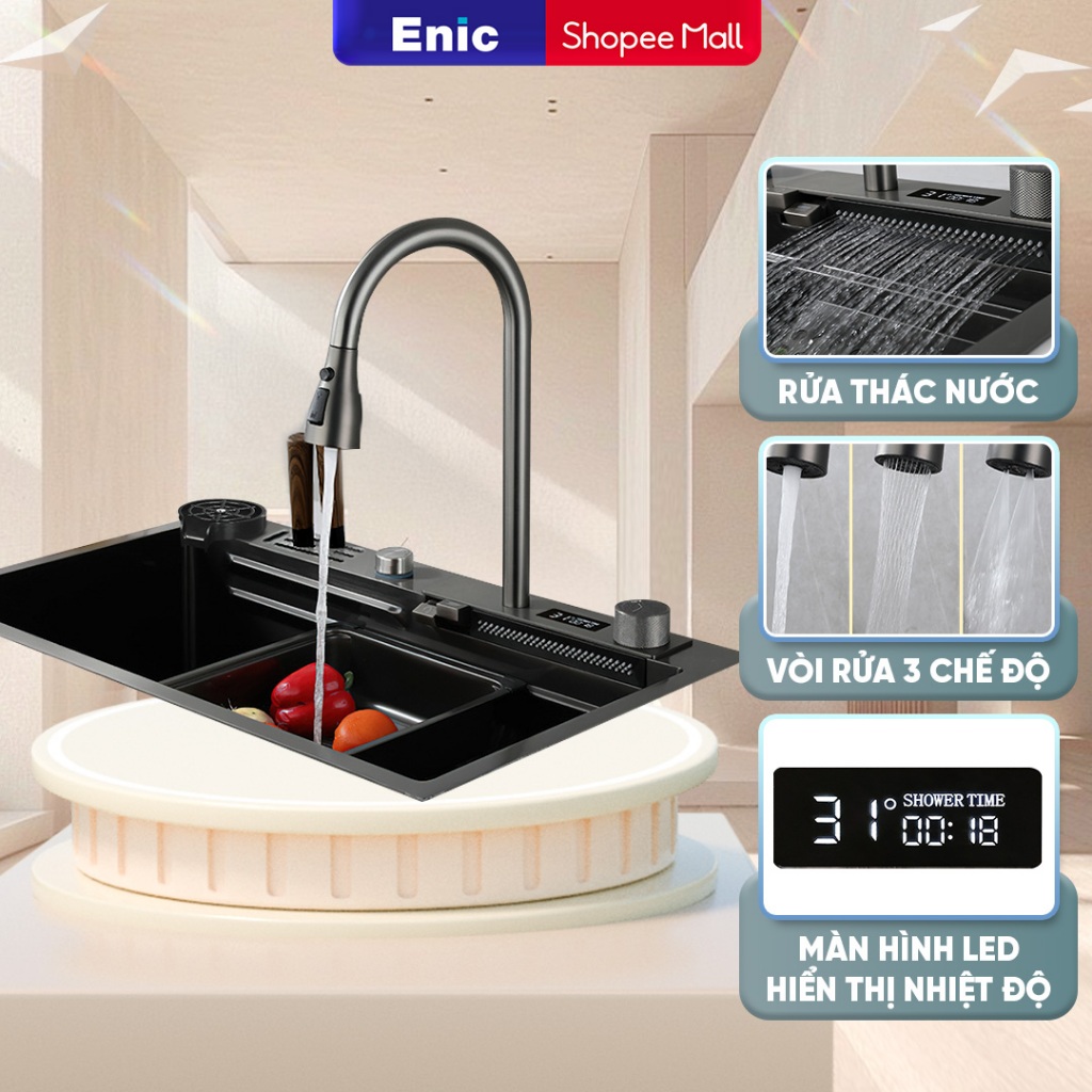 Bồn rửa chén thông minh Enic(Enic) K2 -Chậu rửa inox 1 ngăn lớn,vòi phun hiện đại,màn hình LED hiển 
