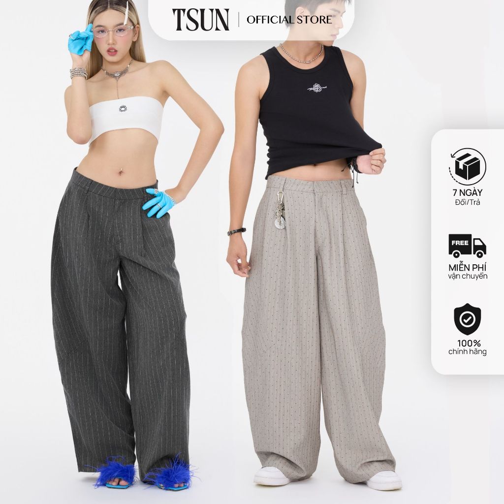 TSUN - Quần Tây Ống Rộng Cạp Thấp Dáng Balloon Kẻ Sọc Đính Đá Nhỏ Vải Kaki Y2K Unisex | BigBuy360 - bigbuy360.vn