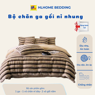  Bộ chăn ga nỉ nhung kẻ sọc omber ấm áp dày dặn không sổ lông cao cấp decor phòng ngủ sang trọng 