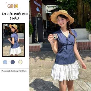 Áo cổ tim nữ phối ren thắt nơ ngực dậy buộc sau lưng, áo kiểu mùa hè năng động by qiho store [ C01 ]