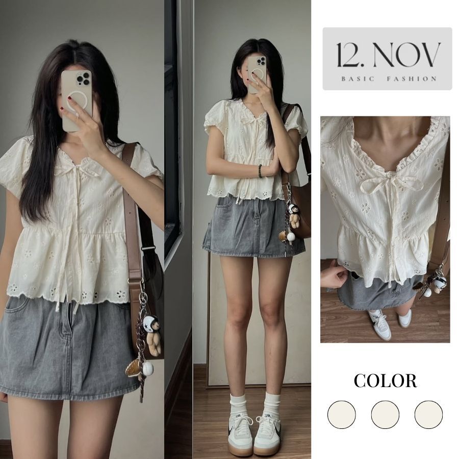 Áo BABYDOLL thô boil đục lỗ hoa cúc dáng lửng buộc nơ viền sóng màu be kem NỮ 12.NOV 499