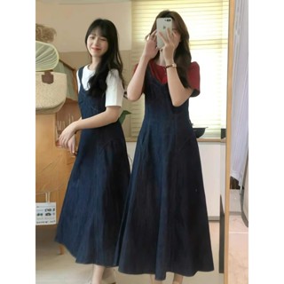 three.thousand - Yếm váy bò jeans denim midi 2 dây bản to xoè dài viền chỉ QC chun lưng co dãn ulzzang tiểu thư HQ #634