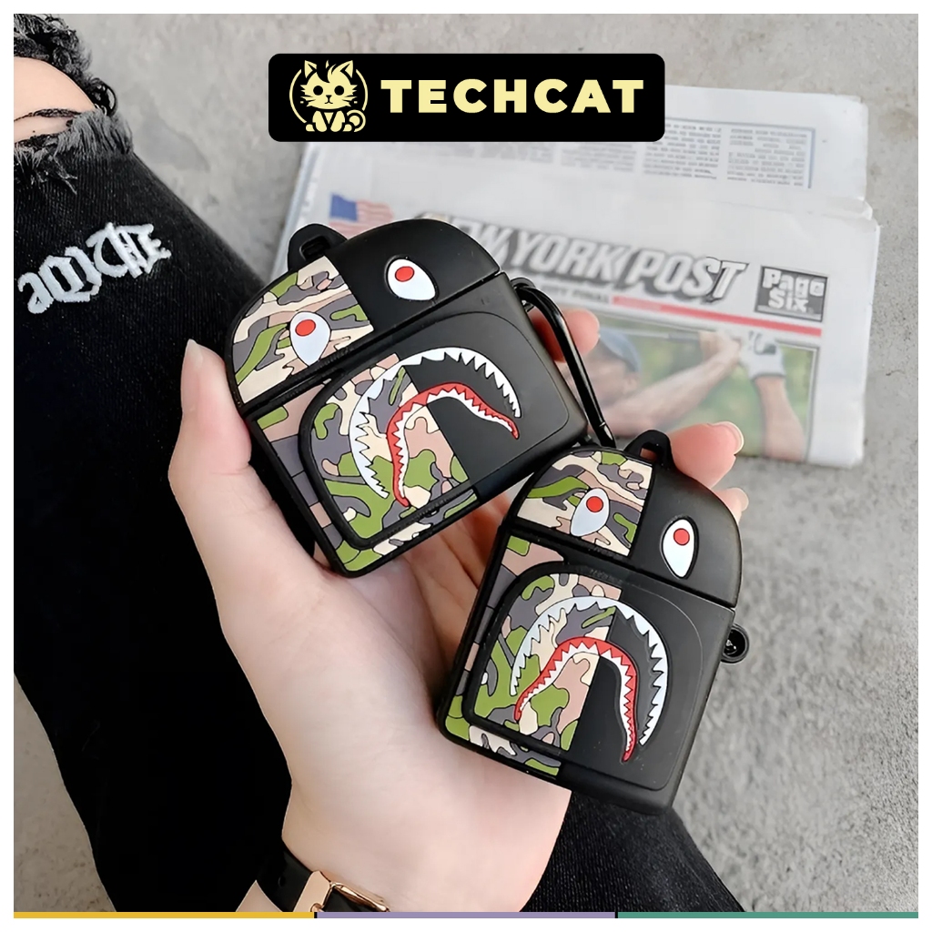 Vỏ ốp Airpod 2 3 Pro BALO Cá Mập BAPE kèm móc khóa cao cấp, Case Airpod bảo vệ - TechCat Store