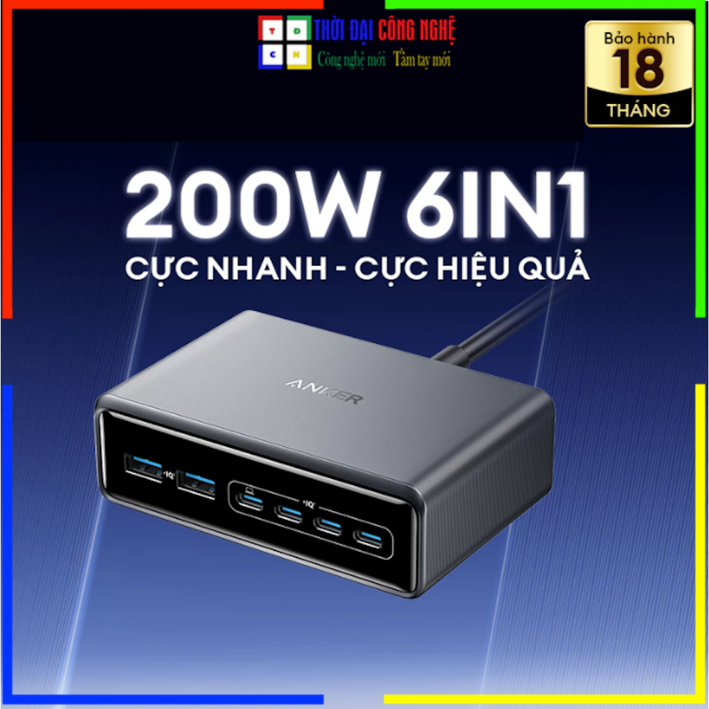 Trạm sạc nhanh Anker Prime A2683 200w GaN 6 cổng 4C2A hỗ trợ PD sạc nhanh 100W tối đa (kèm dây 2 chấ
