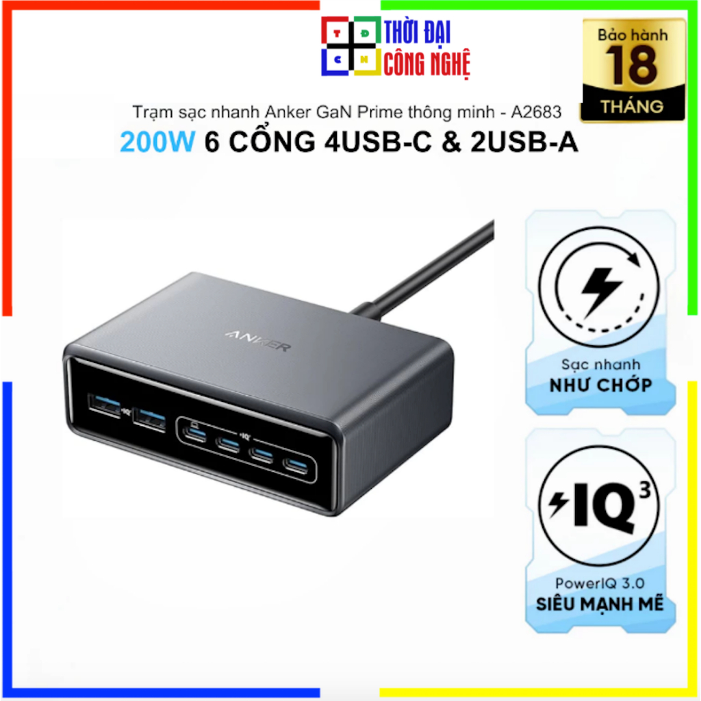 Sạc Anker Prime 6 cổng 4C2A 200W A2683 chín hãng. Bảo hành 18 tháng, 1 đổi 1.