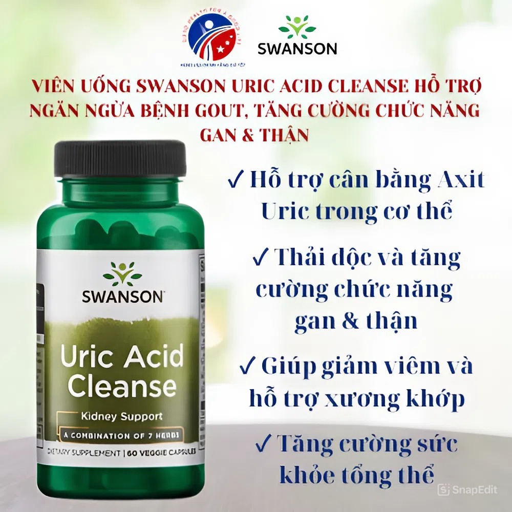 Viên Uống Swanson Uric Acid Cleanse Hỗ Trợ Ngăn Ngừa Bệnh Gout, Tăng Cường Chức Năng  Gan & Thận 60V