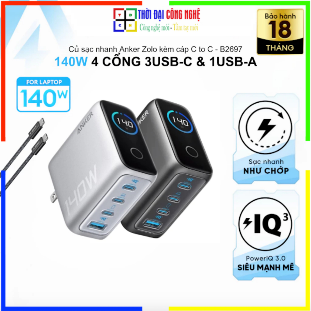 Bộ sạc nhanh Anker ZoLo B2697 140W 4 cổng 3 USB-C & 1 USB-A (sạc được cho laptop). Bảo hành 18 tháng