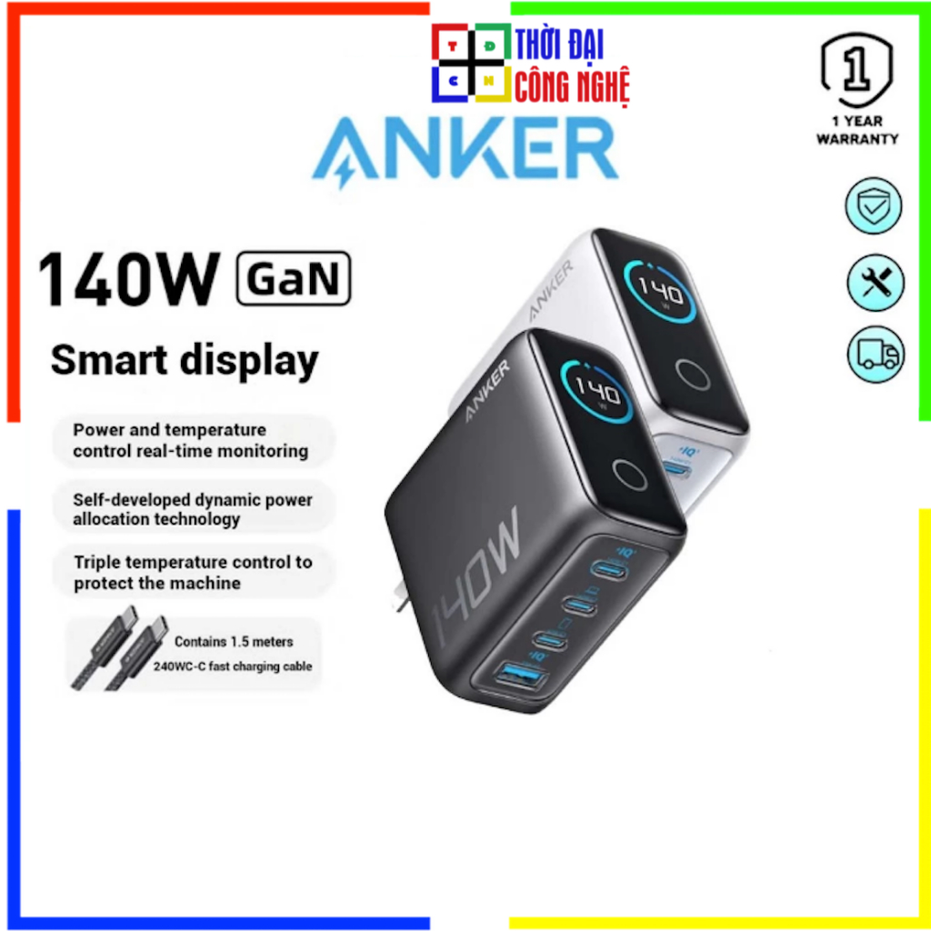 Sạc Anker Zolo B2697 3C1A 140W kèm cáp USB-C sử dụng công nghệ GaN, hỗ trợ sạc nhanh PD 3.1. Bao rha