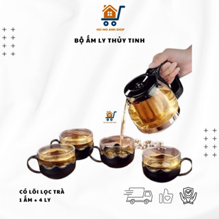  Bộ Ấm Pha Trà Thủy Tinh Có Lọc Kèm 4 Ly – Tay Cầm Bọc Nhựa Có Bán Lẻ Bình Và Ly 