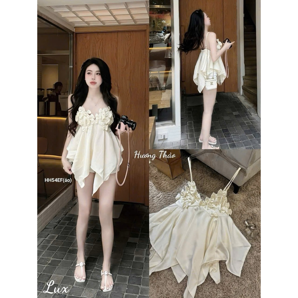 Set Áo Dây Satin Đính Nơ Nhí Mix Quần Short Lưng Chun Mặc Đi Cafe, Làm Đồ Ngủ Kieupham.shop