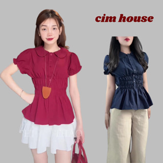 Áo kiểu nữ KEVA cổ sen phối nhún  tay bồng bo cộc tay chun eo 3 hàng chất đũi sần loại 1-MA413 CIMHOUSE