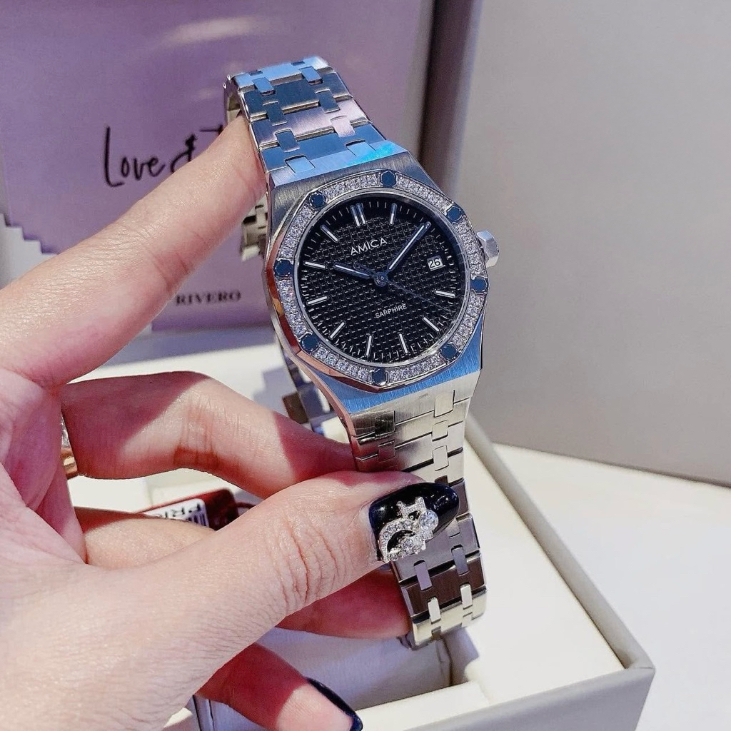 Đồng hồ nữ dây thép Amica Quartz A067 Silver Black Dial