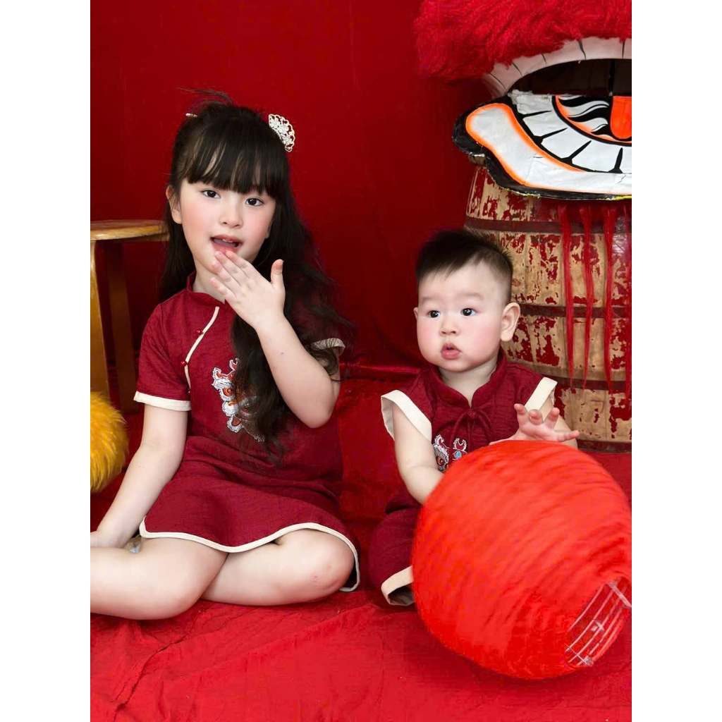 Set đồ trung thu trẻ em : bộ cộc bé trai ,váy sườn xám bé gái in lân đỏ phong cách Trung hoa sành đi