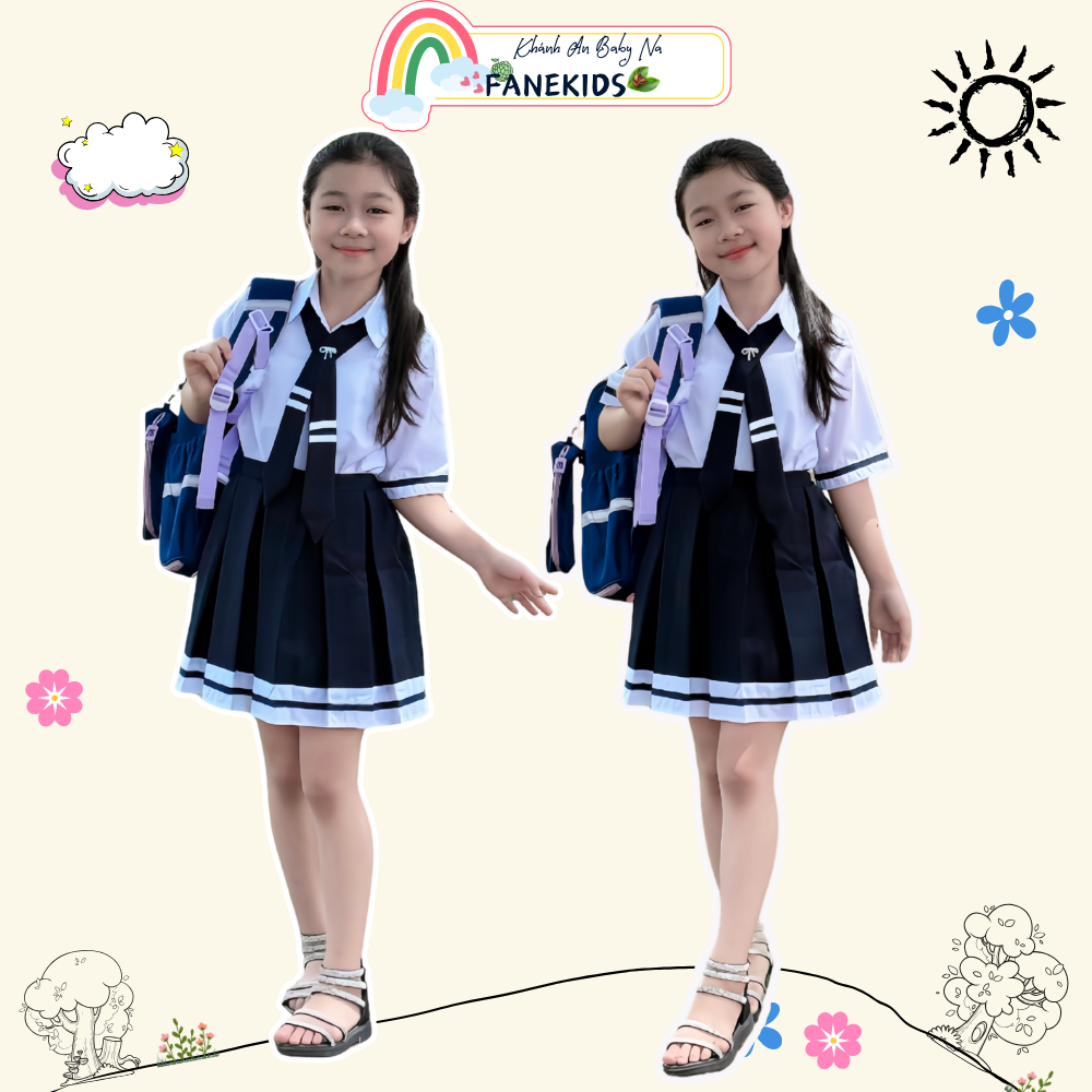 Set đồng phục học sinh tiểu học FANE KIDS 3 chi tiết áo sơ mi trắng chân váy xếp ly kèm cà vạt kiểu 