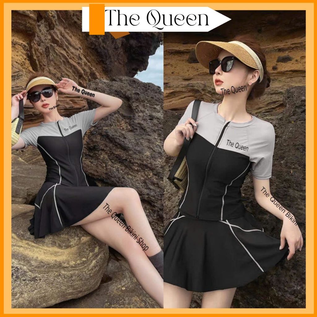 Đồ bơi liền thân nữ bikini váy bơi 1 mảnh và rời mảnh áo có khóa kéo trước kín đáo phối màu thời trang The Queen 052