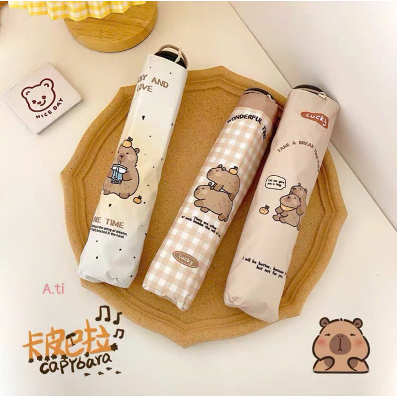 Ô Gấp Gọn Hình Capy bara Chuột Nâu Dễ Thương - Ô Gấp Gọn Tiện Lợi Chống Nước