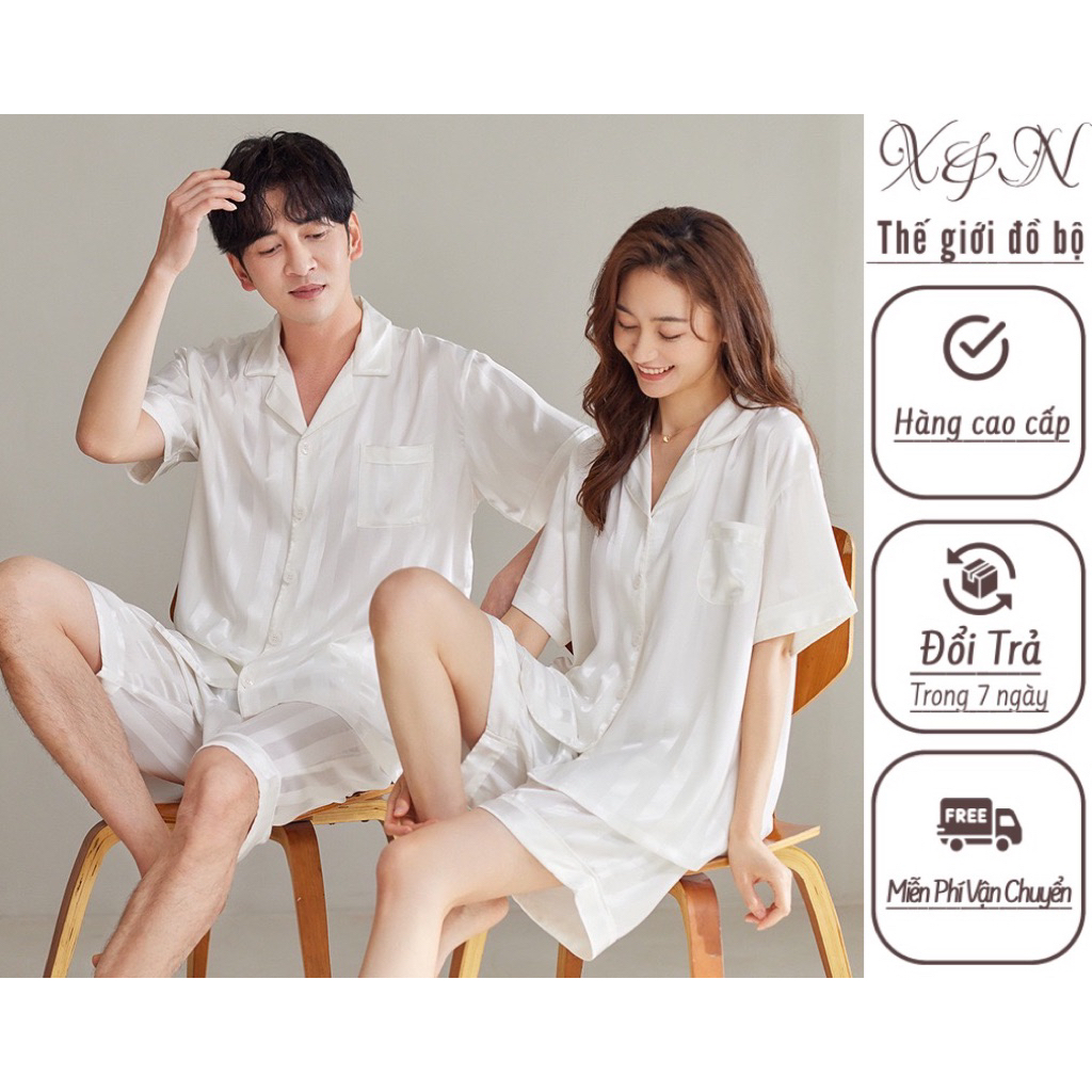 Bộ Lụa Mặc Nhà Nam Nữ Sọc Trắng Quần Đùi Áo Cộc