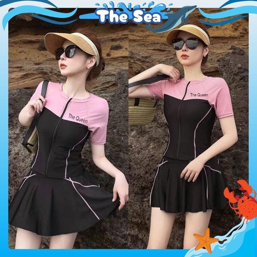 Đồ bơi nữ liền thân bikini đi biển 1 mảnh váy bên trong có quần đùi kín đáo phối khóa kéo tay dài và ngắn THE SEA 001 | BigBuy360 - bigbuy360.vn