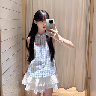  Áo sơ mi màu xanh pastel sọc caro trắng cổ tàu tròn nữ sinh JK dáng babydoll suông in logo nổi bật 