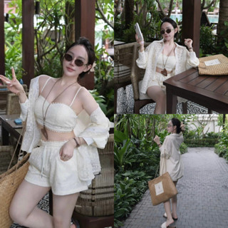 [Tặng Áo Bra] Set Đồ Nữ 3 Món - Áo Sơ Mi Dài Tay Phối Ren Kèm Quần Short Viền Ren Siêu Xinh MS98