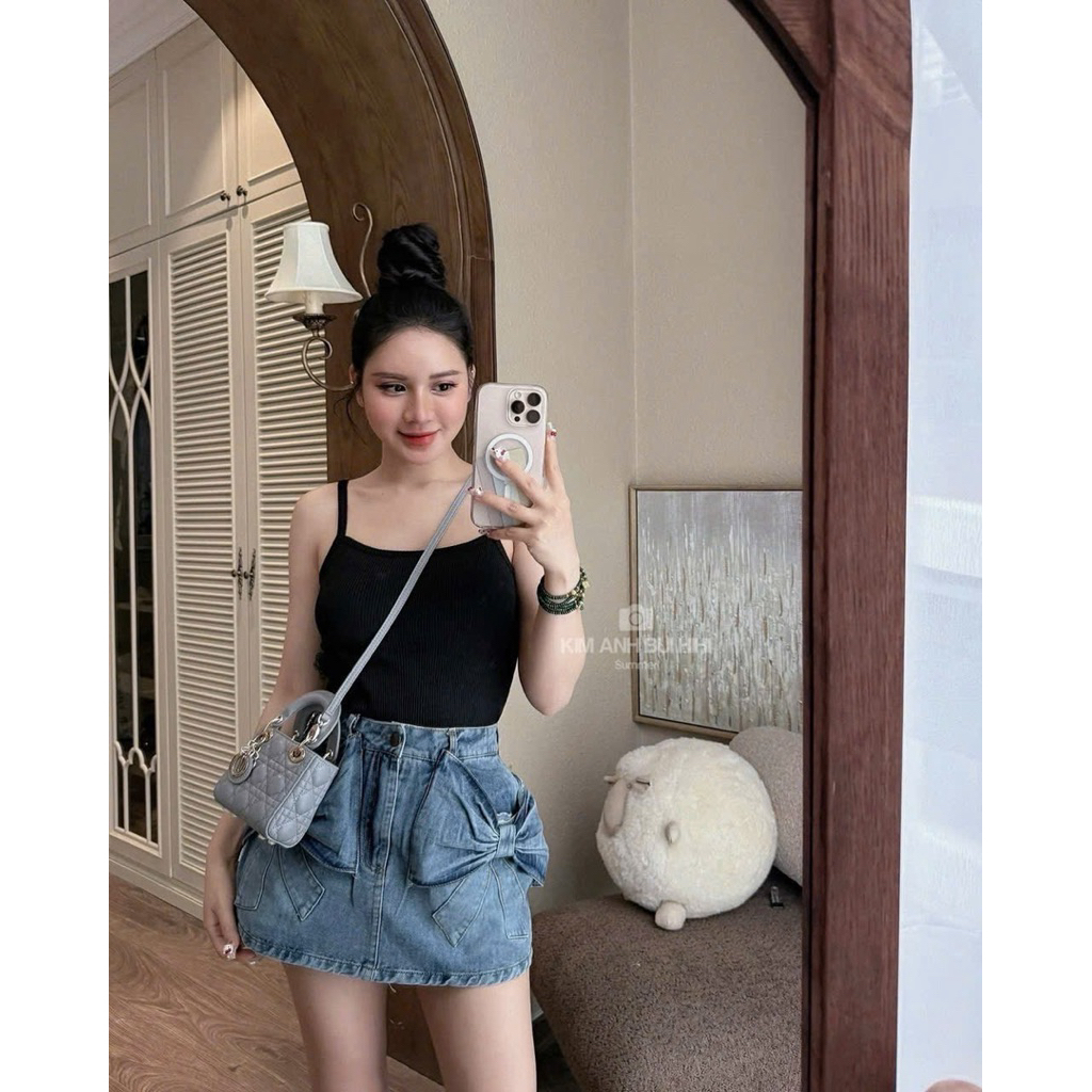 Hiếu Hiếu Bigsize Set dây kèm chân váy jean nơ bigsize 55-100kg