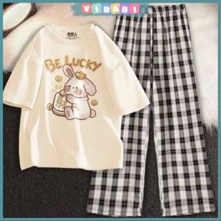 Set đồ bé gái in hoạt hình siêu xinh, áo thun quần dài kẻ caro, chất cotton mát mặc hè 14–40kg